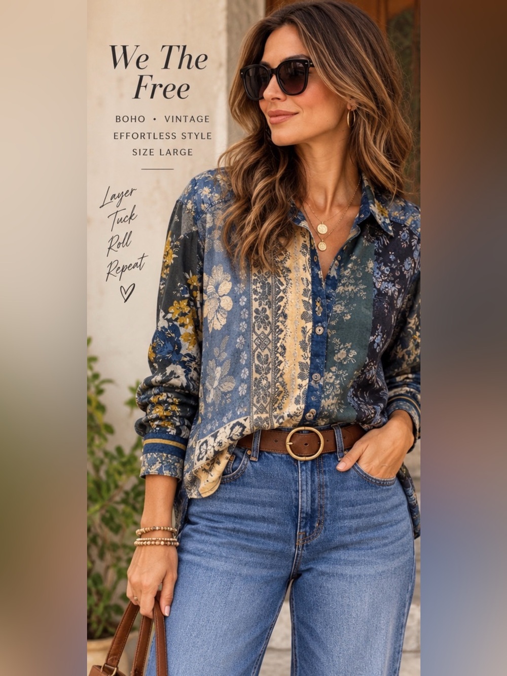 Free People We The Free Floral Patchwork Button Down Shirt Blue Boho Large